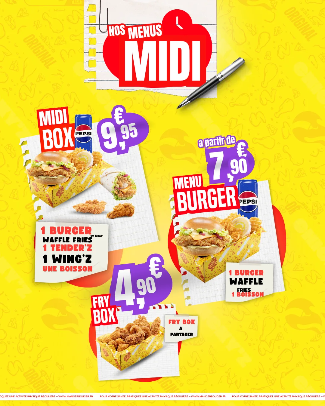 Nos menus midi : Midi Box 9,95 €, Menu Burger dès 7,90 €, Fry Box 4,90 €